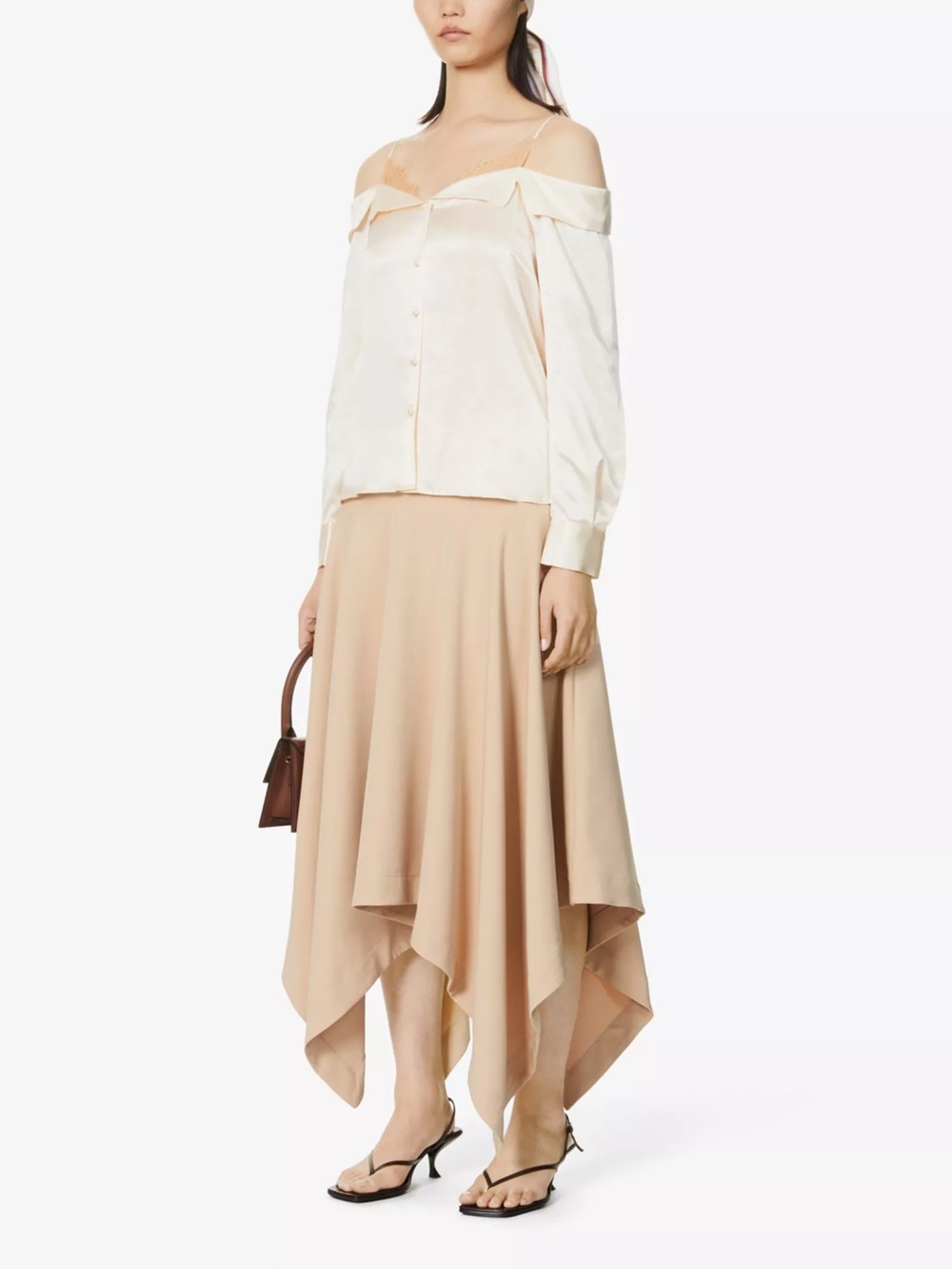 Jonathan Simkhai Caylee Silk Lace Plisse Off Shoulder Button Down Ivory - Picture 3 of 8